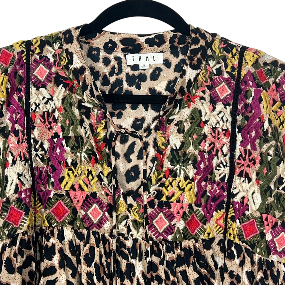 THML Women's Leopard Print Embroidered Tassel Top Size Medium - Picture 4 of 16